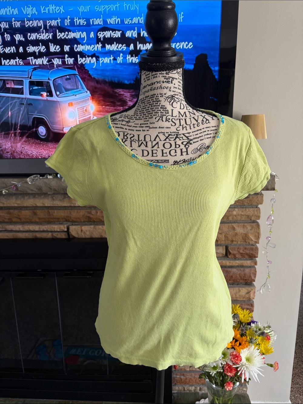 Sigrid Olsen Lime Green Ribbed Scoop Neck Short Sleeve Tee